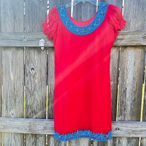 Hand Made Red Dress with Blue Embroidery and Beading Women’s Small